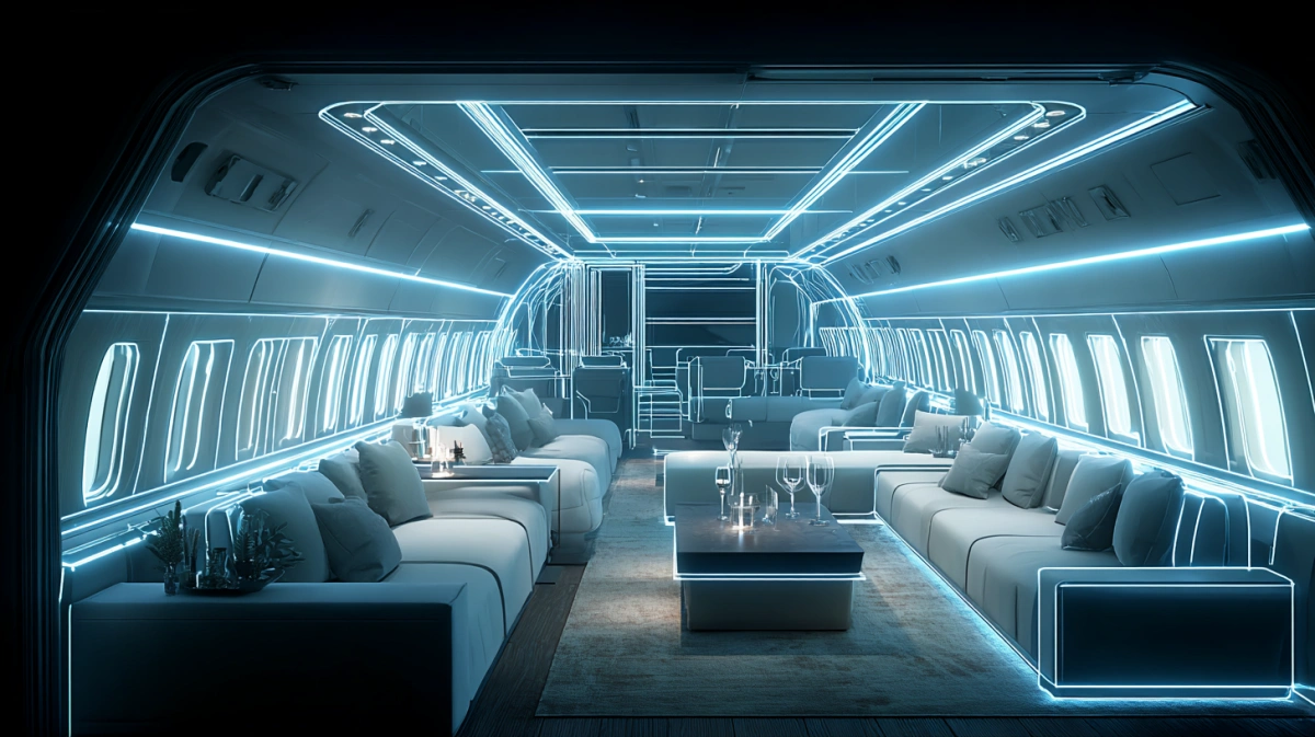 Lounge and social areas inside VIP aircraft cabin