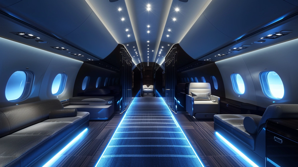 VIP aircraft cabin interior with illuminated pathway representing structured and aligned engineering delivery process
