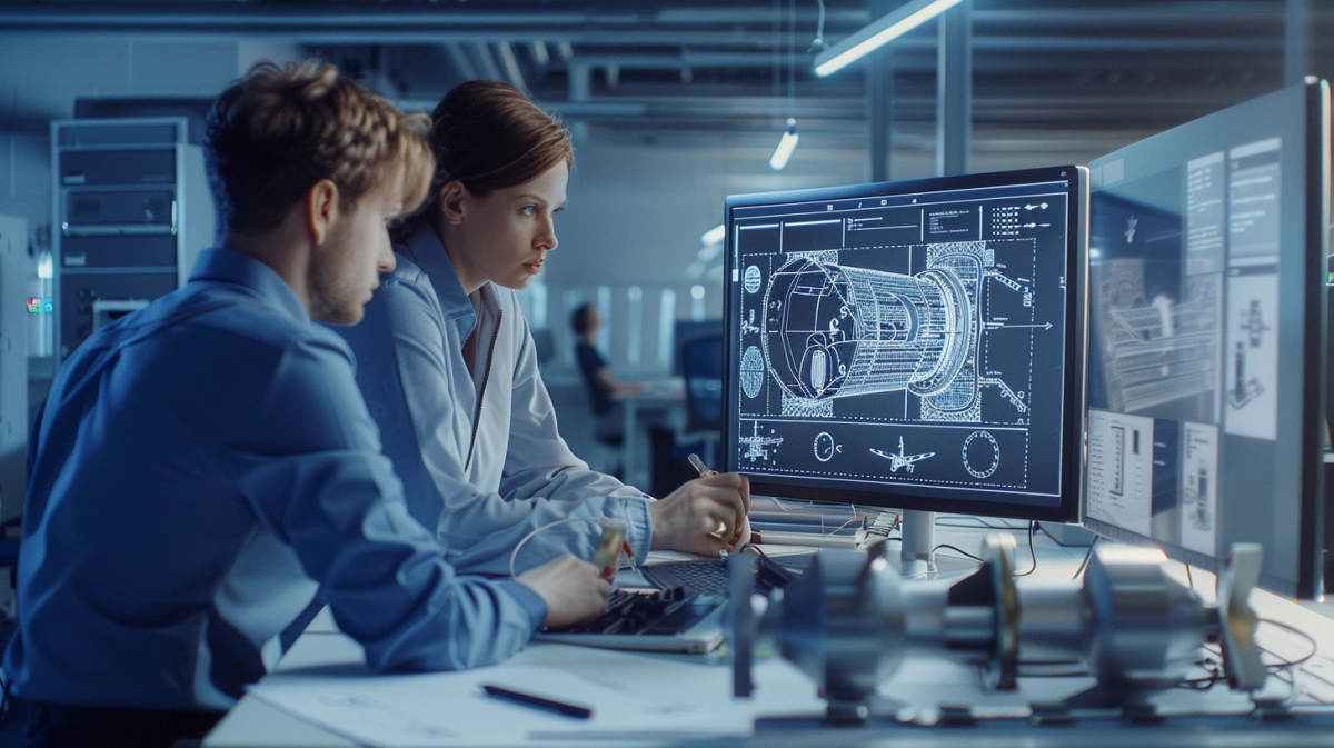 VIP aircraft cabin interior engineers working on detailed CAD designs and technical drawings in a professional engineering environment