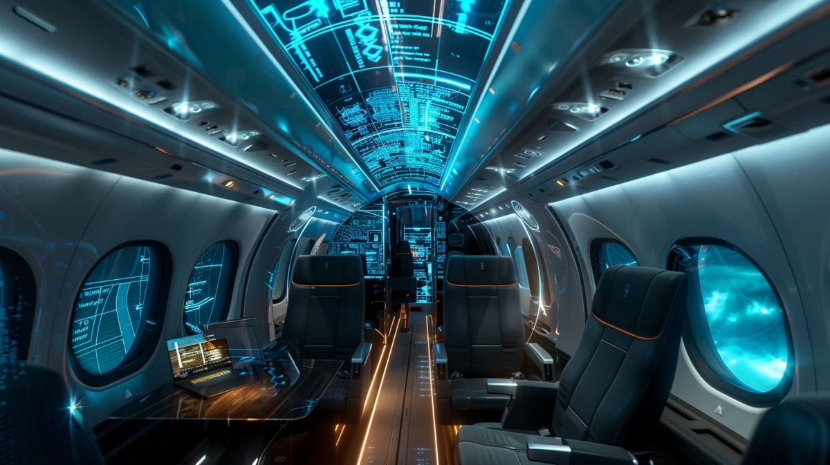 VIP aircraft cabin interior with digital engineering deliverables displayed as structured CAD data, drawings and documentation layers, representing clearly defined outputs in aircraft cabin engineering