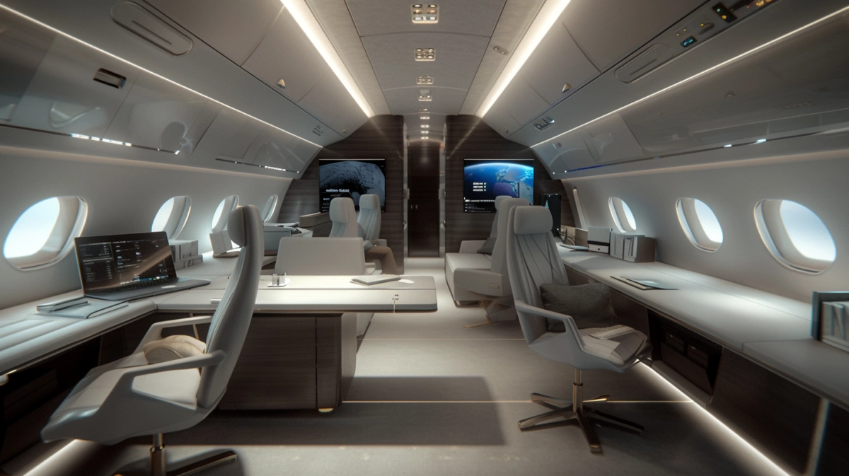 Structured aircraft cabin engineering workspace with defined scope and workstation setup for VIP interior development