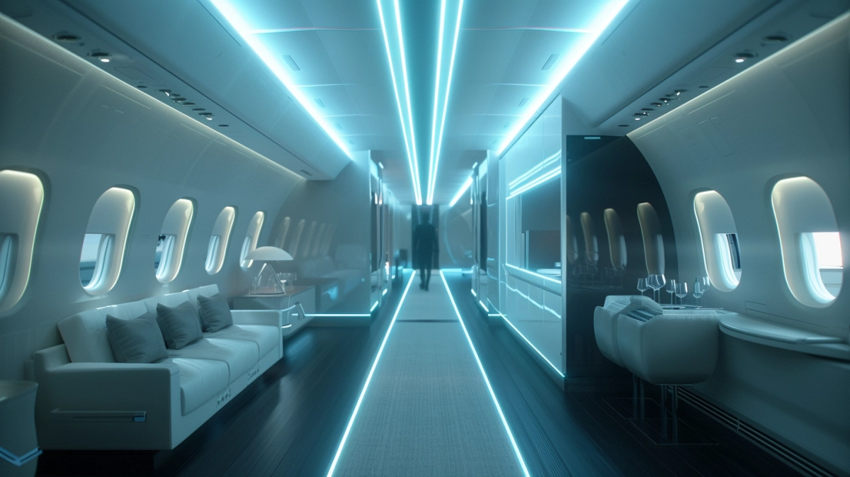 VIP aircraft cabin hallway showing entry and transition zone with illuminated pathway and connected cabin sections
