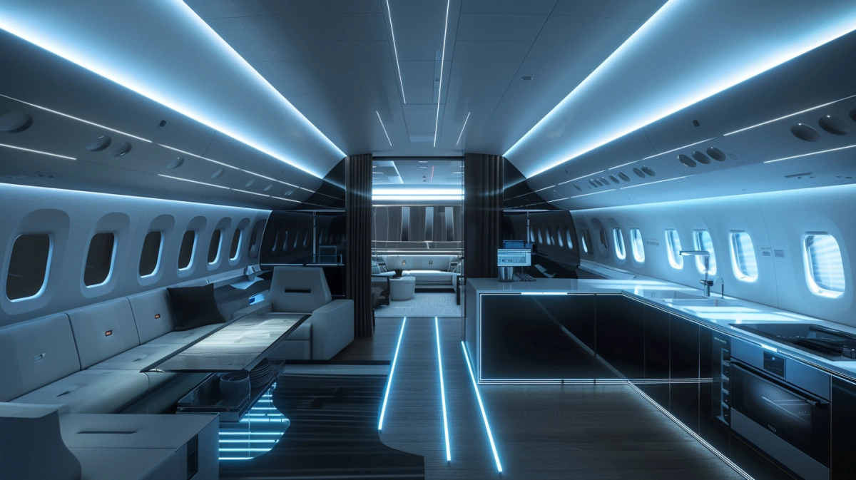 VIP aircraft cabin galley area showing engineered workflow layout with integrated appliances, storage and preparation zones