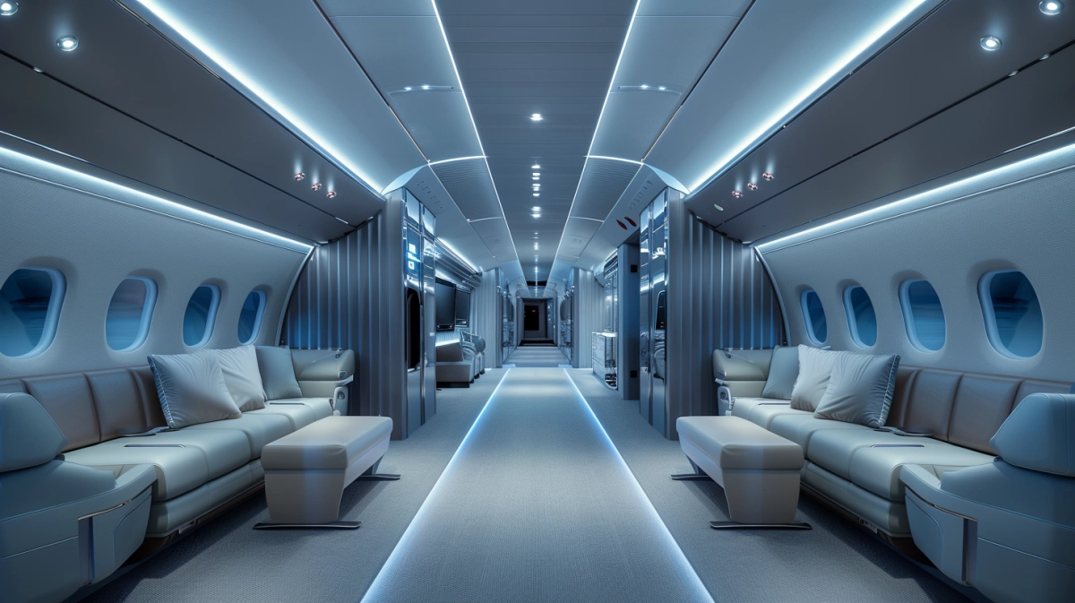 VIP aircraft cabin interior with clearly defined zones and structured layout representing engineering work package responsibility and controlled delivery
