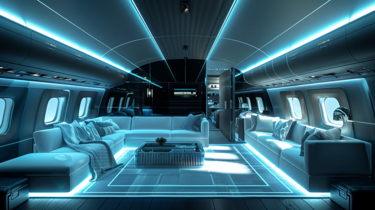 VIP aircraft cabin lounge area with illuminated layout boundaries representing engineered social and seating zones