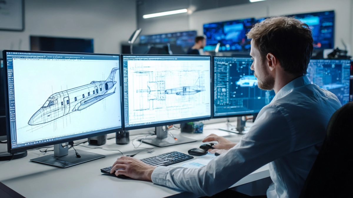Aircraft cabin engineering workstation with engineer reviewing CAD models for controlled work-package delivery